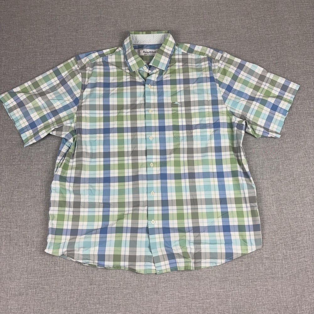 Tommy Bahama Sarasota Stretch Shirt Mens Large Blue Plaid Short Sleeve Button Up